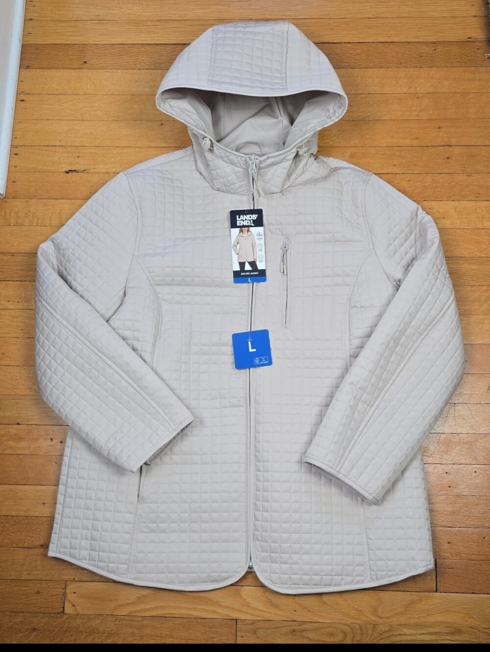 NWT, Lands' End, Quilted Zip-Up Hooded Jacket Coat, Putty/Tan, Women's L